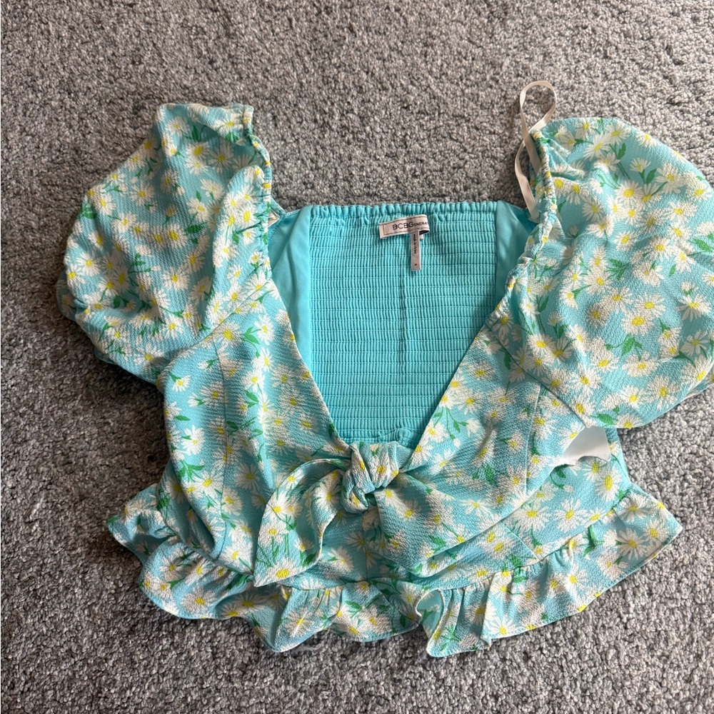 BCBGeneration Floral Puff Sleeve Blouse - Light Blue